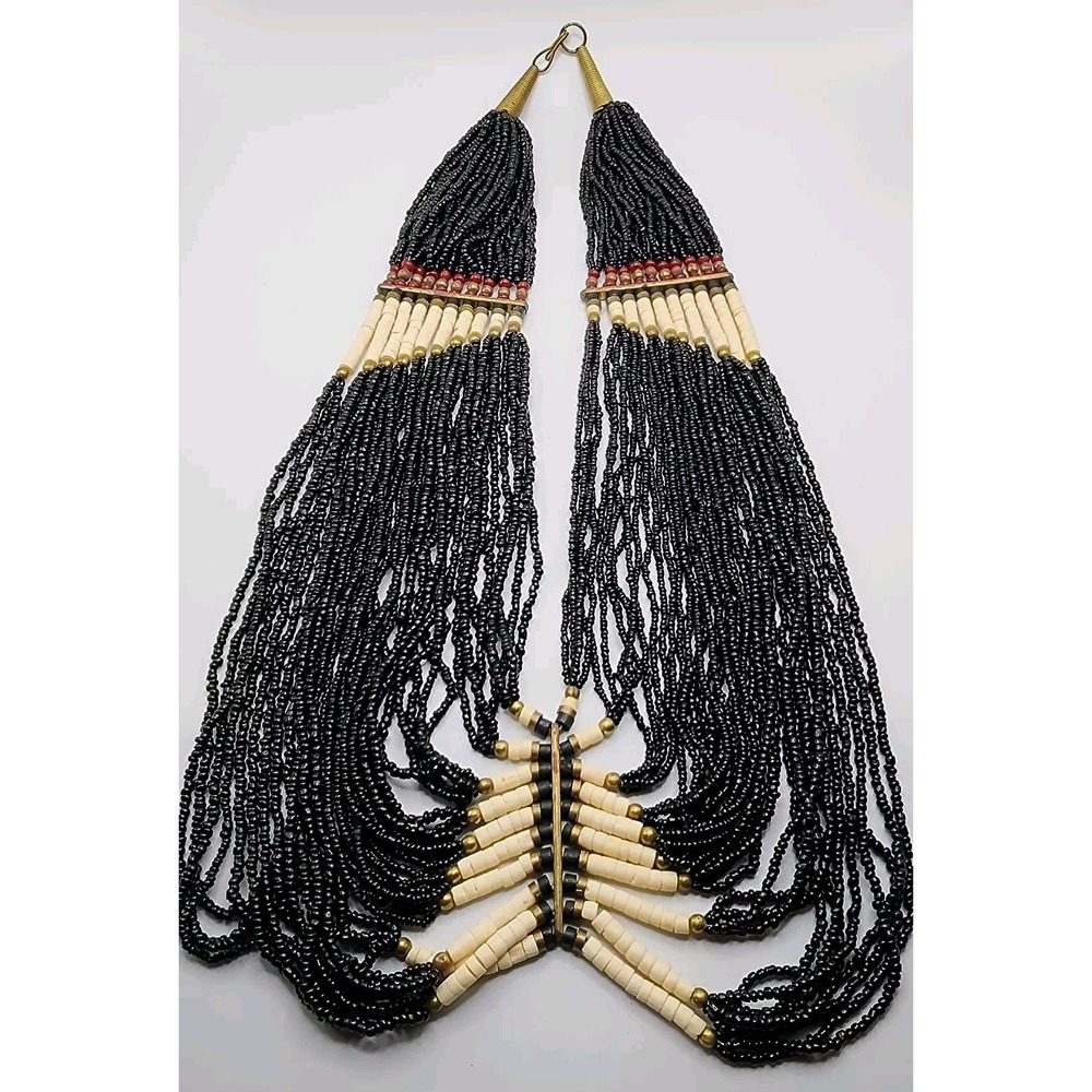 Vintage Boho Tribal Ethnic Black Glass Seed Bead Waterfall Layered Bib Necklace - Picture 15 of 16